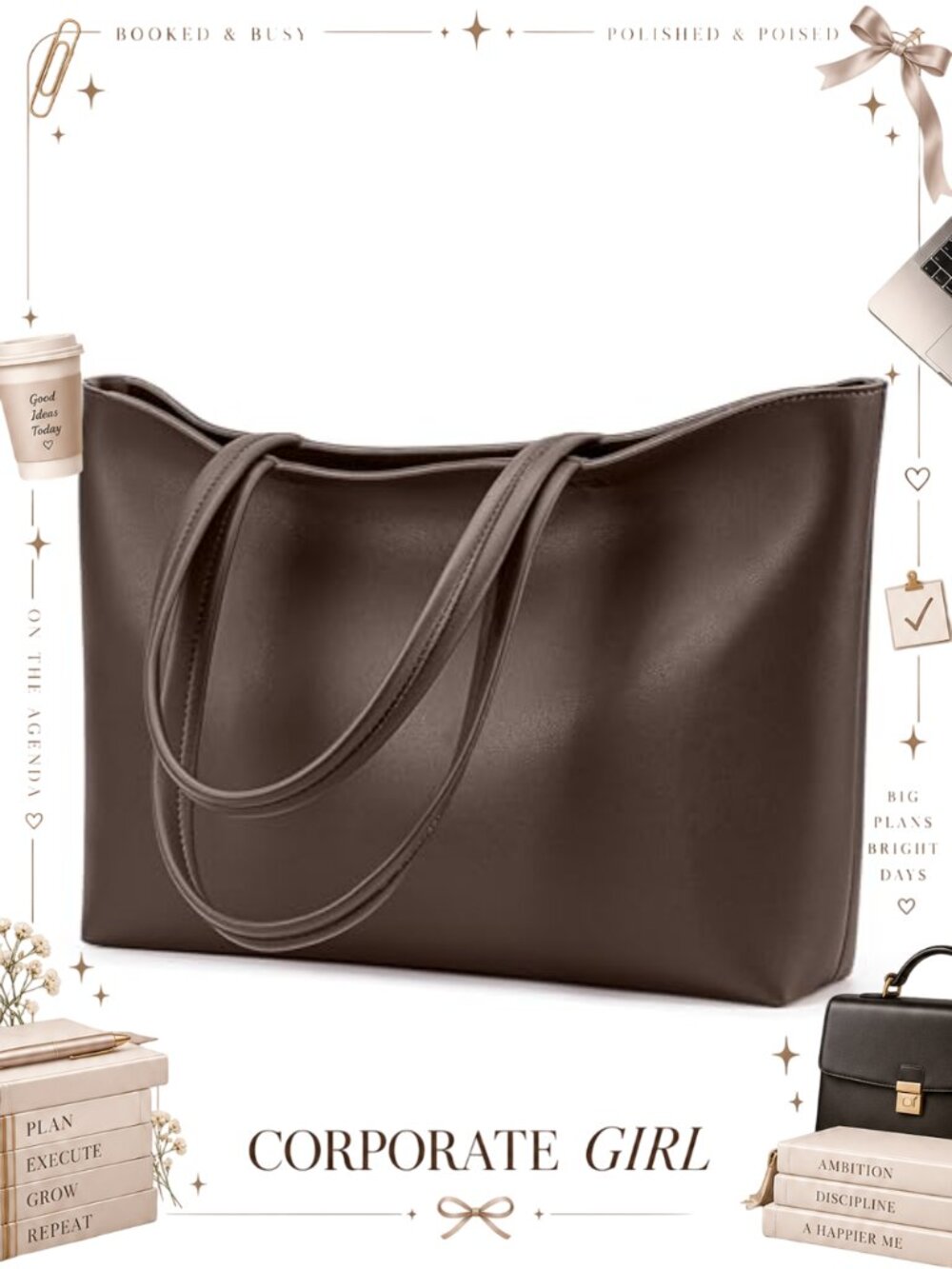 Faux Leather Tote Bag Zipper Shoulder Satchel for Work College